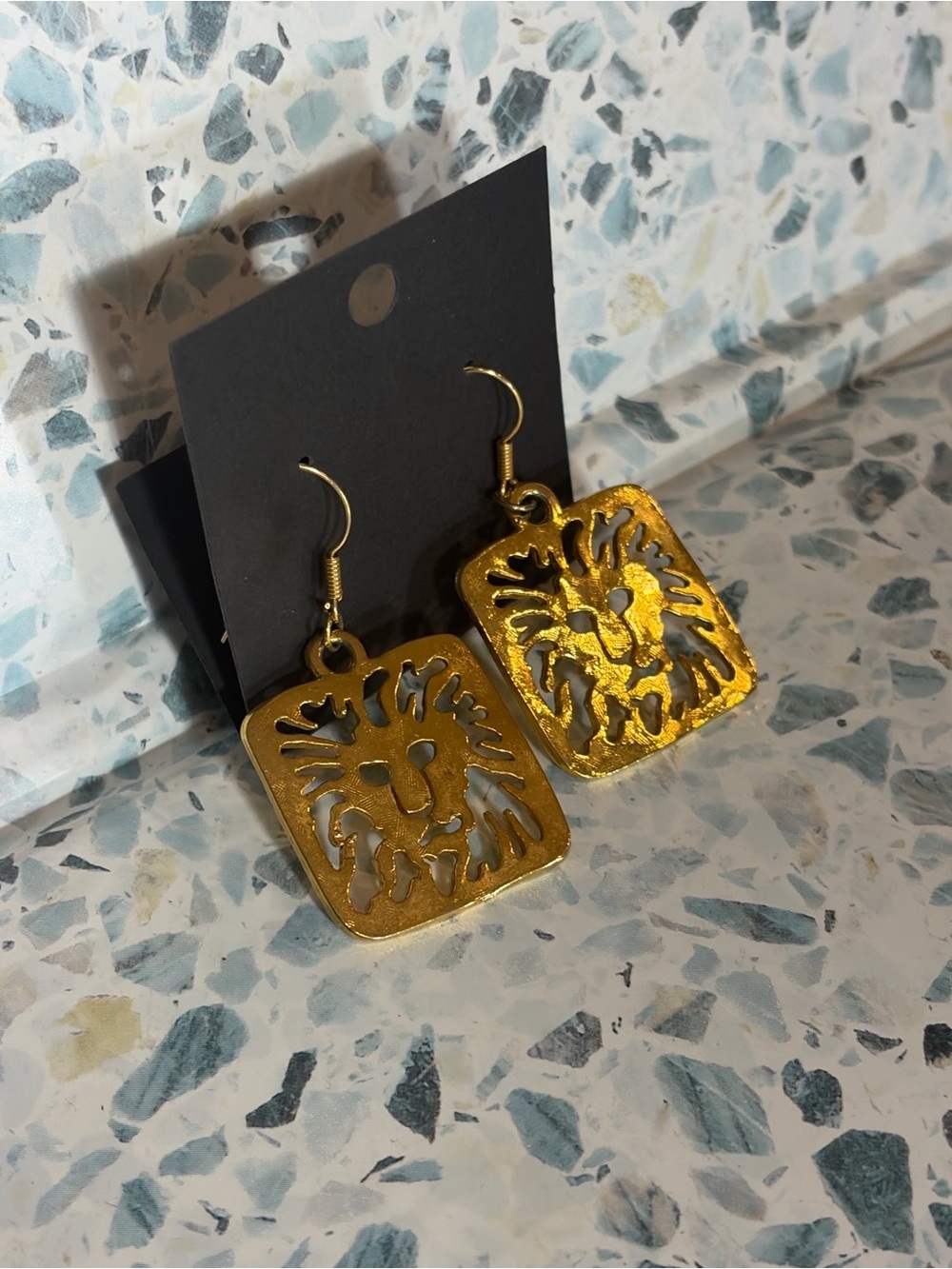 Anne Klein Gold Tone Lion Logo Dangle Earrings Statement Earrings - Picture 2 of 3